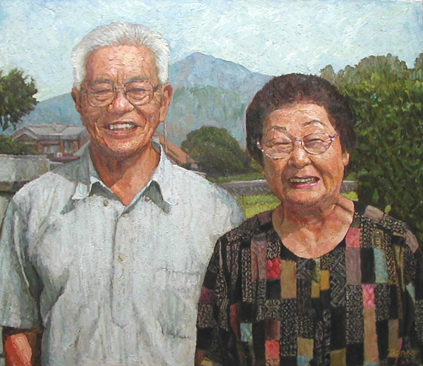 油彩画「金婚式を迎える夫婦の肖像」